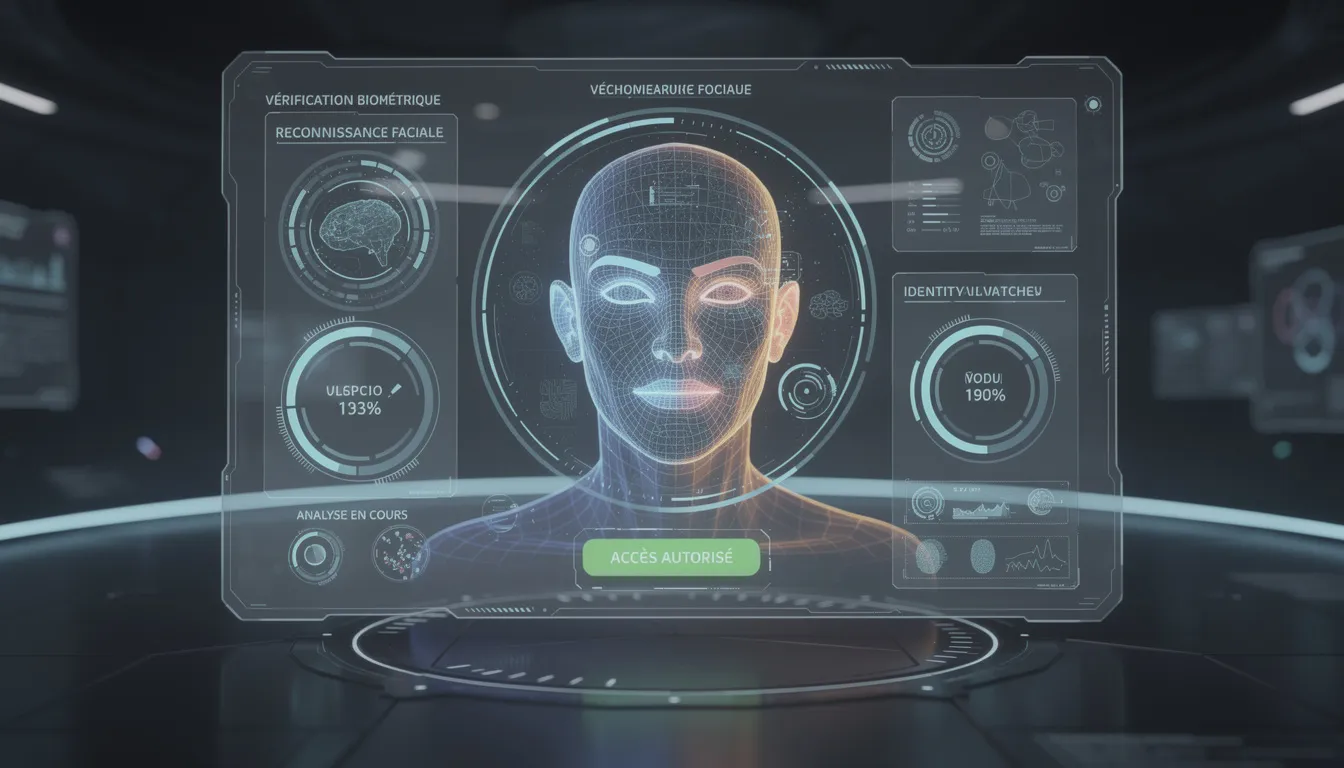 L'image montre une interface futuriste de vérification biométrique avec reconnaissance faciale, intégrant des éléments de sécurité pour le processus KYC (know your customer) dans le secteur bancaire. Cette technologie est essentielle pour assurer la conformité et lutter contre le blanchiment d'argent et le financement du terrorisme.
