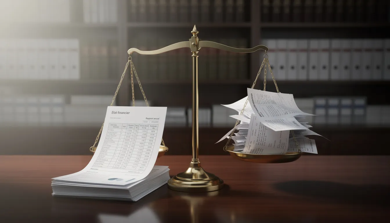 Une balance de justice est représentée, entourée de documents financiers, symbolisant l'importance du processus KYC et de la conformité dans le secteur bancaire. Cette image évoque la lutte contre le blanchiment d'argent et la nécessité de vérifier l'identité des clients pour assurer la sécurité des transactions financières.