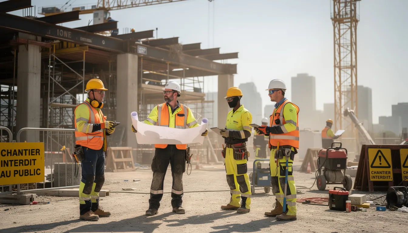 Des ouvriers en tenue de sécurité, portant des casques et des gilets réfléchissants, travaillent sur un chantier de construction. Ils sont entourés d'équipements et de matériaux, illustrant les risques et les procédures de sécurité nécessaires dans ce secteur.