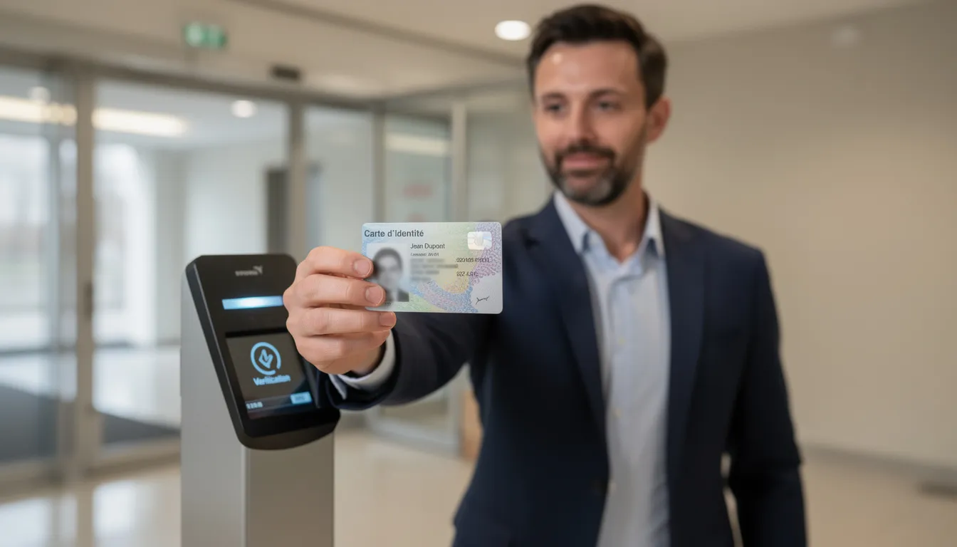 Une main tenant une carte d'identité est positionnée devant un lecteur de documents, illustrant le processus de vérification d'identité. Cette scène met en évidence l'importance de la reconnaissance faciale et des procédures de contrôle dans le cadre des obligations liées à l'emploi intérimaire.