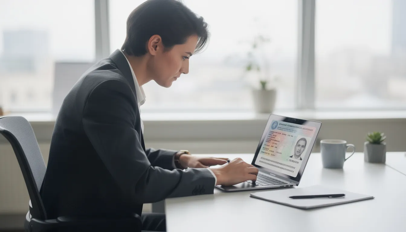 Une personne est assise à un bureau moderne, examinant des documents d'identité sur un ordinateur portable, dans le cadre d'un processus de vérification d'identité pour la procédure KYC (Know Your Customer). L'environnement de travail est contemporain et bien organisé, soulignant l'importance de la conformité et de la lutte contre la fraude dans le système financier.