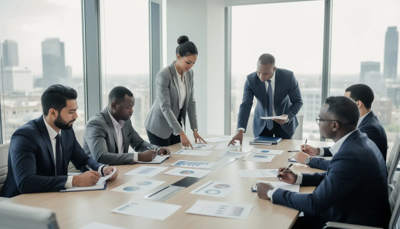 Une équipe de professionnels est réunie autour d'une table de réunion, analysant des documents liés à la vérification d'identité dans le cadre des procédures KYC. Ils discutent des étapes nécessaires pour assurer la conformité et lutter contre le blanchiment d'argent et le financement du terrorisme.