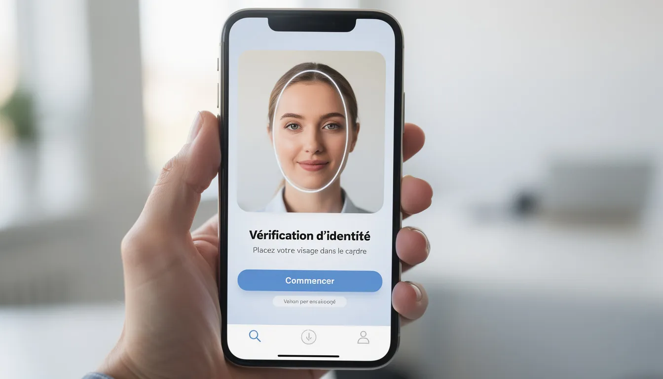 L'image montre une application mobile avec une interface de vérification d'identité, utilisant la caméra pour capturer une pièce d'identité. Cette procédure KYC (Know Your Customer) vise à assurer la conformité et la sécurité dans le cadre des relations d'affaires.