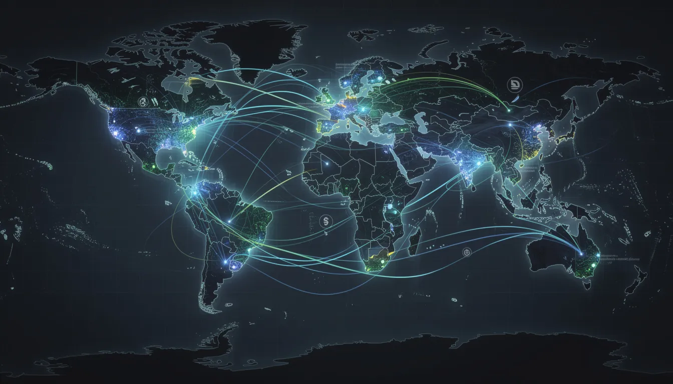 The image depicts a complex web of interconnected lines, symbolizing international money transfers and the intricate relationships between various locations involved in financial transactions. This visual representation highlights the challenges in combating money laundering and the movement of illicit funds within the global financial system.