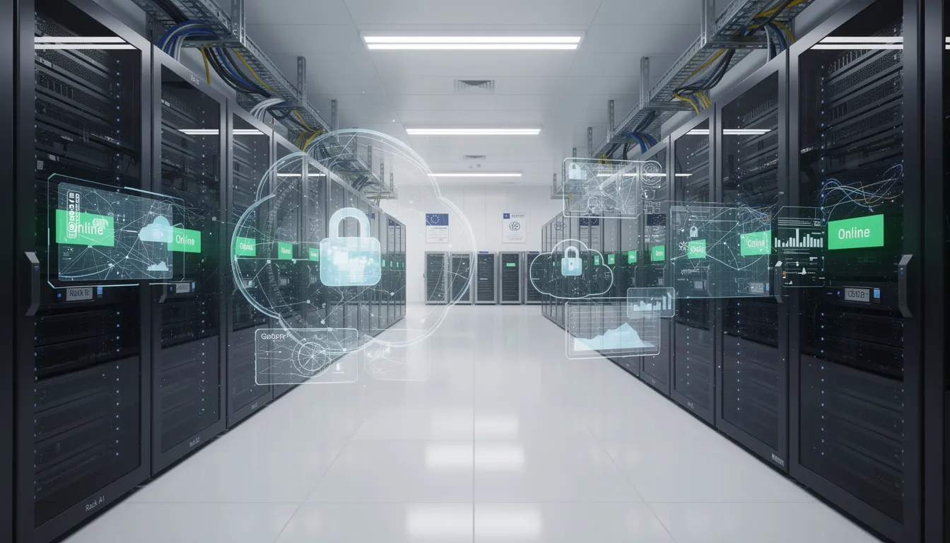 L'image montre un centre de données moderne en Europe, mettant en avant une infrastructure cloud sécurisée. Ce centre illustre l'importance de la conformité et de la sécurité dans le processus d'onboarding client, garantissant une expérience utilisateur fluide et efficace.