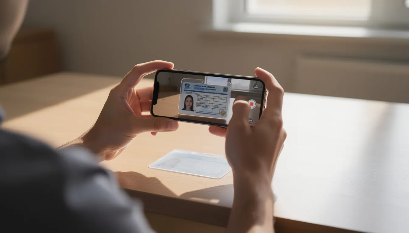 A person is using a smartphone to take a photograph of a government-issued ID card in a well-lit room, illustrating the initial verification step in the customer onboarding process for digital identity verification. This action enhances compliance with regulatory requirements while aiming to improve customer satisfaction and reduce onboarding friction.
