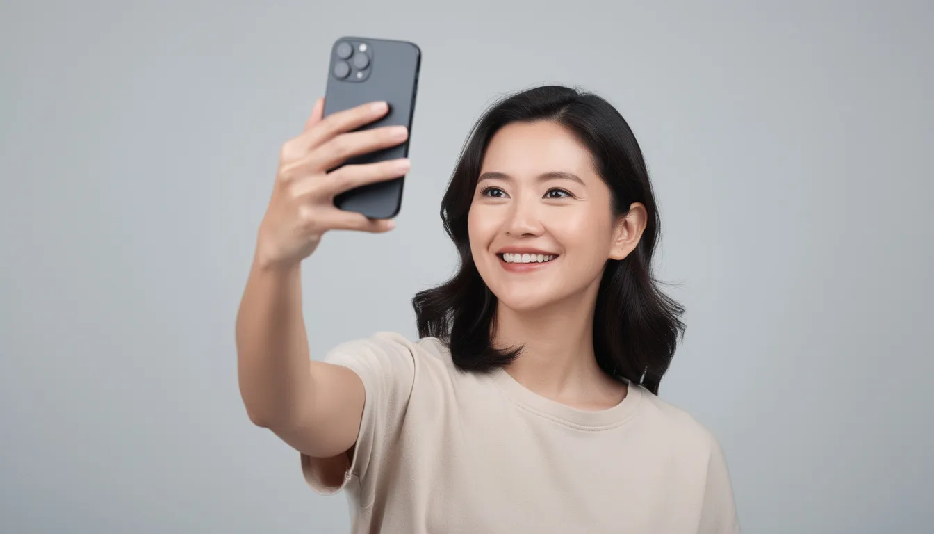 A person is taking a selfie with their smartphone against a neutral background, likely for identity verification as part of a customer onboarding process. This image reflects the importance of digital identity verification in ensuring compliance and enhancing customer experience.