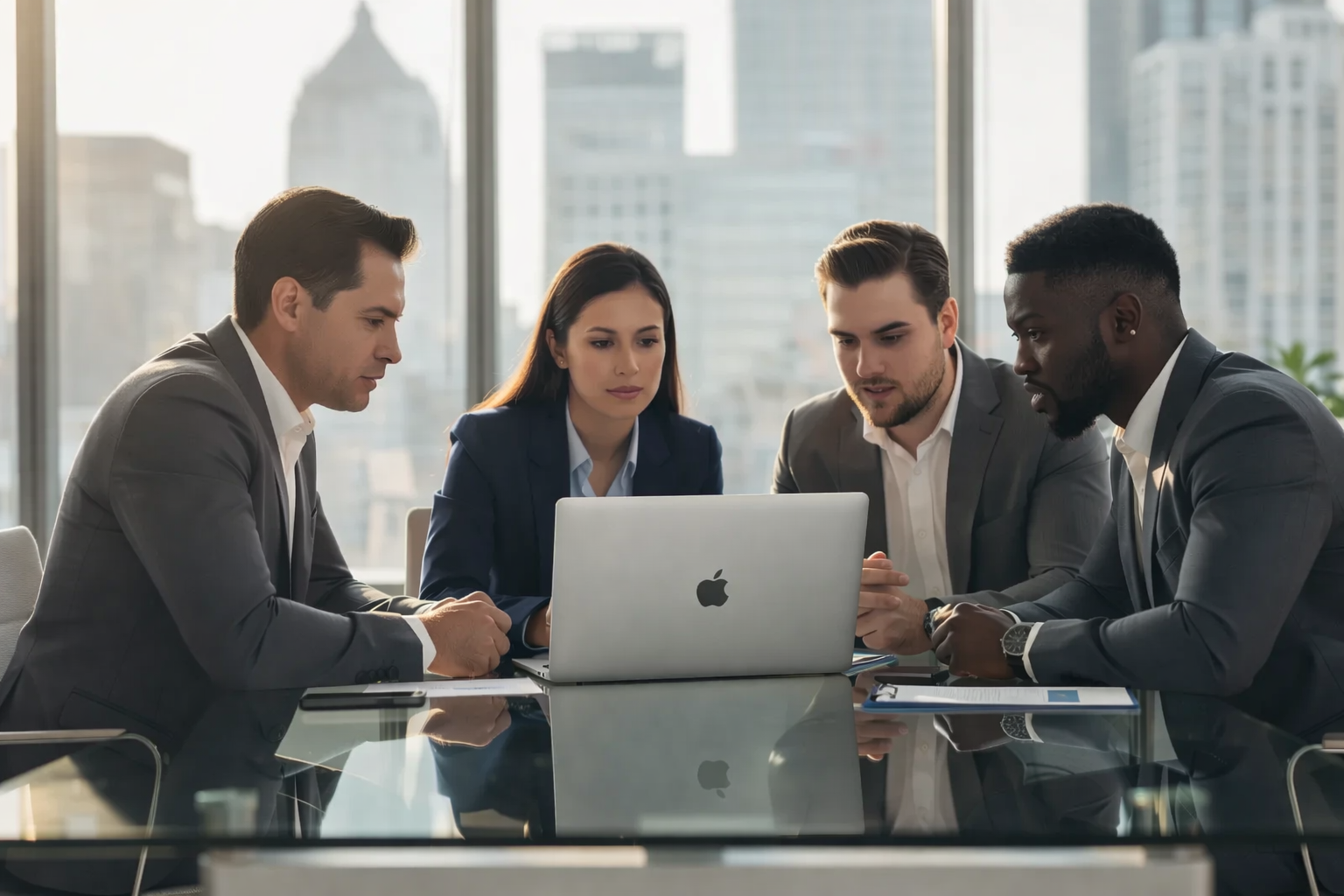 A diverse team of professionals is gathered around a laptop in a modern office, intently reviewing data related to customer onboarding processes and identity verification. Their collaboration aims to enhance compliance and customer experience while ensuring regulatory requirements are met efficiently.