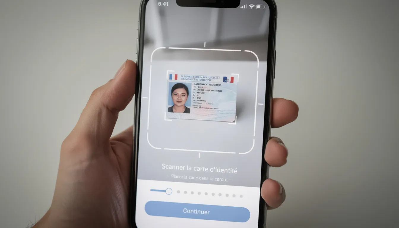 Un smartphone affiche un processus de scan d'une carte d'identité, mettant en évidence un cadre de capture autour de la pièce d'identité pour la vérification de l'âge des joueurs. Ce système utilise des technologies telles que la reconnaissance faciale pour assurer la sécurité et la protection des données personnelles.