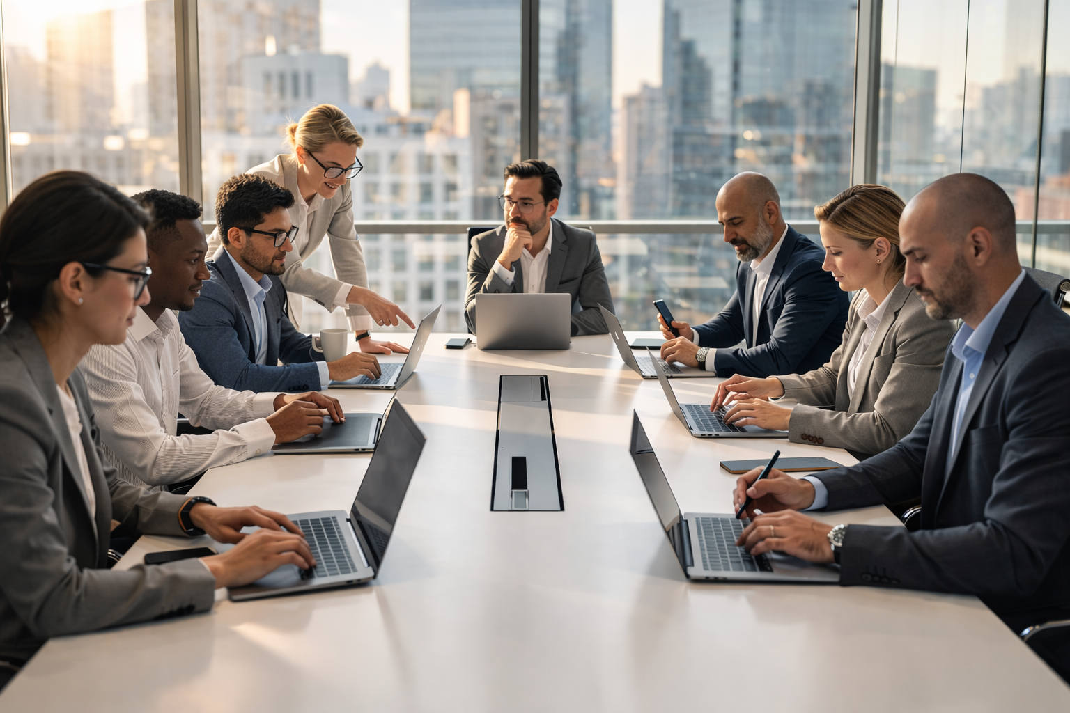 Des professionnels d'affaires collaborent en utilisant des appareils numériques et des applications mobiles, illustrant l'importance de l'identité numérique et du portefeuille européen d'identité numérique dans le contexte des services financiers et de l'authentification. Cette image met en avant la transformation digitale et l'évolution des interactions professionnelles à travers des outils modernes.