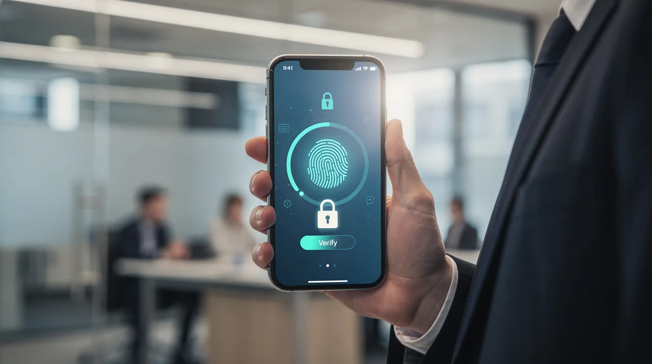 Une personne utilise son smartphone pour une authentification numérique sécurisée, illustrant l'importance de l'identité numérique et des portefeuilles d'identité numérique européens dans la vérification des utilisateurs. Cette image met en avant l'évolution des services de confiance et des solutions d'authentification dans un contexte numérique.