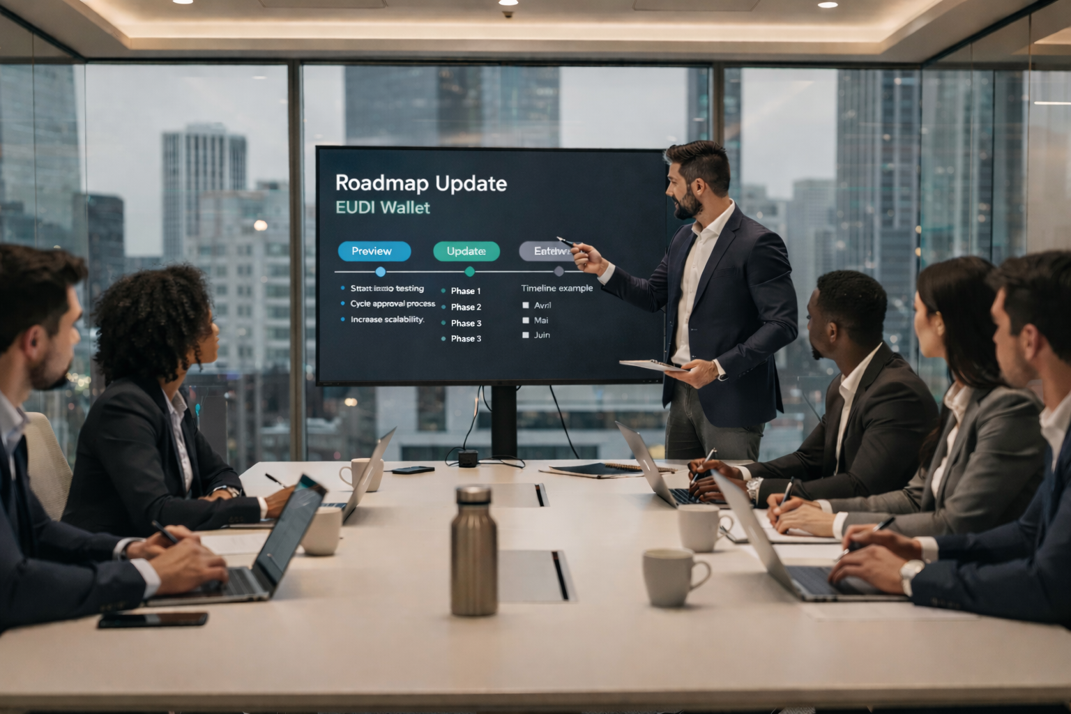 Une équipe d'affaires se penche sur une stratégie de transformation numérique, analysant des données sur des écrans d'ordinateur, mettant en avant des concepts tels que l'identité numérique et le portefeuille européen d'identité numérique. Les membres discutent des enjeux liés à l'authentification et aux services de confiance dans le cadre de l'évolution digitale.