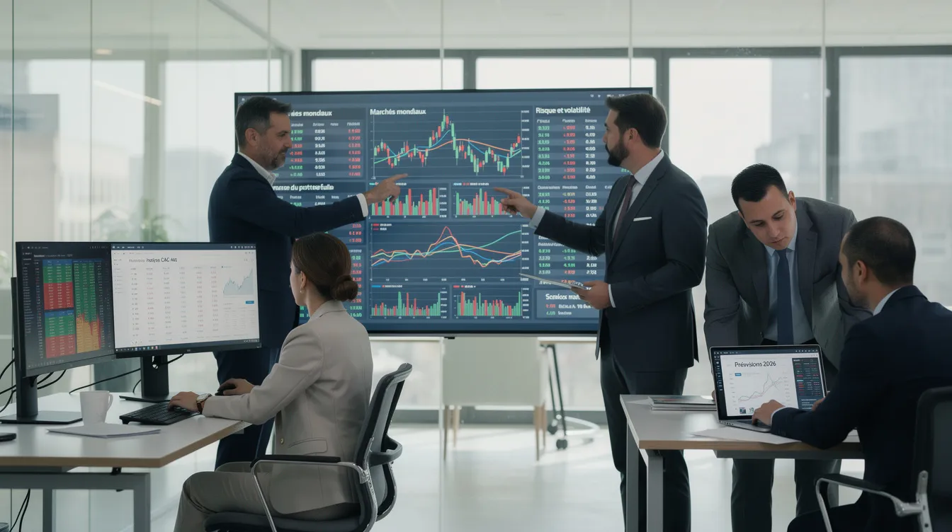 Des professionnels de la finance analysent des données sur des écrans numériques dans un bureau moderne, mettant en avant des stratégies d'investissement à long terme et les opportunités offertes par les fonds européens d'investissement, notamment dans le cadre de la réglementation eltif 2.0.