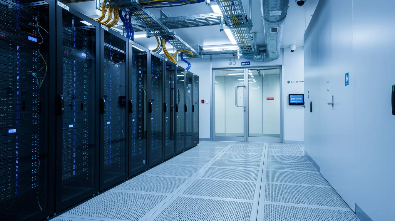 L'image montre une infrastructure de serveurs sécurisée dans un datacenter européen, où des équipements modernes sont disposés de manière organisée pour assurer la gestion des fonds d'investissement et la conformité aux règlements eltif 2.0. On peut apercevoir des dispositifs de sécurité avancés, reflétant l'importance de la protection des données pour les investisseurs et les sociétés de gestion.