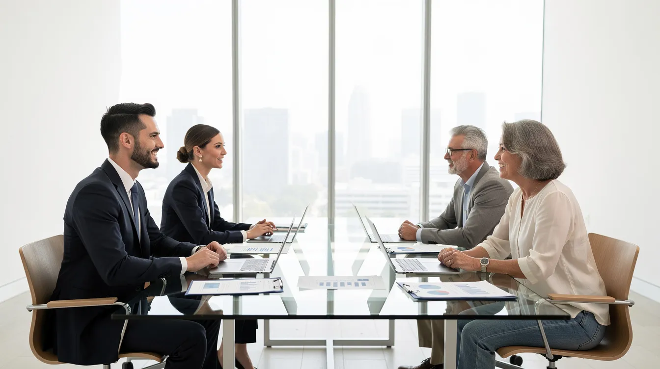 Une réunion se déroule dans un bureau lumineux, où des conseillers financiers discutent avec des clients des opportunités d'investissement à long terme, notamment des fonds européens d'investissement et des stratégies de capital investissement. L'ambiance est professionnelle, favorisant l'échange d'analyses et de conseils sur la gestion des actifs.