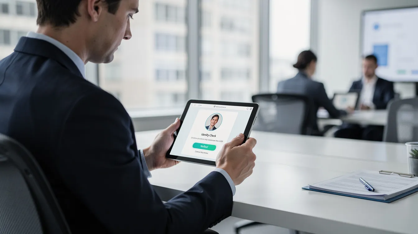 Un professionnel examine une tablette pour effectuer une vérification d'identité numérique, illustrant l'importance de la conformité aux réglementations telles que le DORA dans le secteur des services financiers. Cette image met en avant les procédures de KYC (Know Your Customer) et la lutte contre la fraude pour renforcer la confiance des clients et des institutions financières.