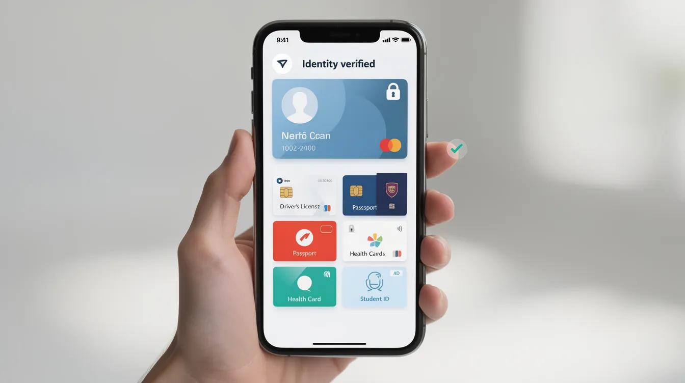 Une image d'un smartphone affichant une interface de portefeuille d'identité numérique, soulignant l'importance de la vérification d'identité et des exigences de conformité dans les services financiers. Cette interface met en avant des outils pour renforcer la résilience opérationnelle et lutter contre la fraude.
