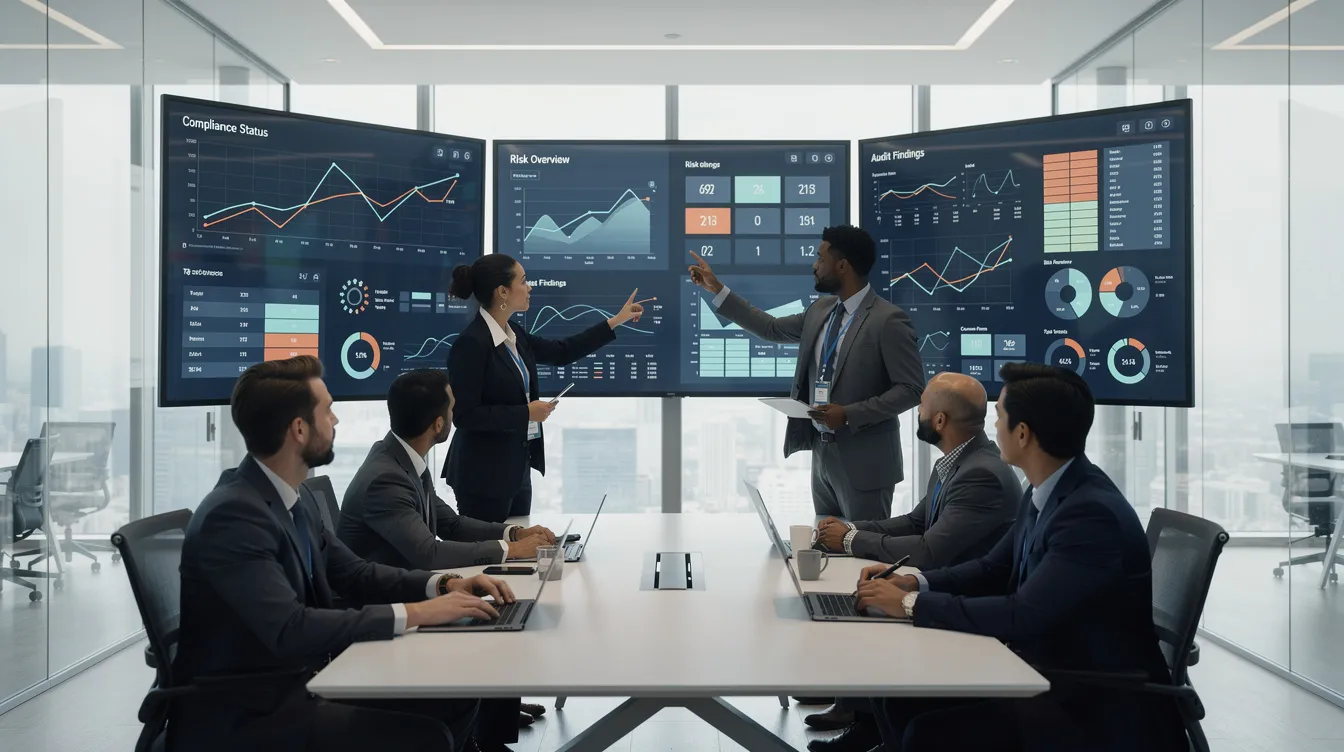 Dans un bureau moderne, une équipe de conformité examine des tableaux de bord numériques, illustrant l'importance de la vérification d'identité et des exigences de conformité dans le secteur des services financiers. Ces outils visent à renforcer la résilience opérationnelle numérique et à lutter contre la fraude au sein des institutions financières.