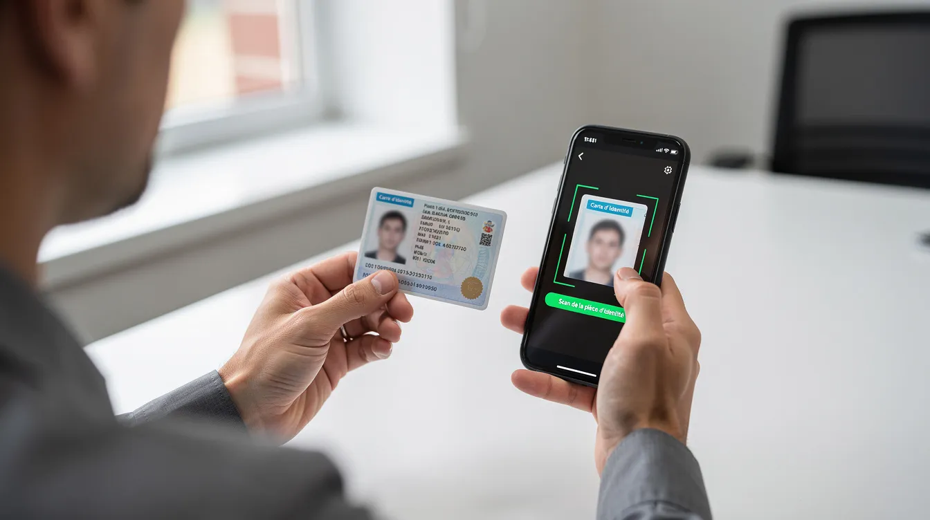 Une personne utilise son smartphone pour scanner une pièce d'identité, illustrant le processus de vérification d'identité dans un contexte numérique. Cette action vise à prévenir l'usurpation d'identité et à sécuriser les données personnelles des utilisateurs.